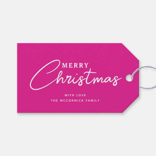 Modern Neon Pink White Merry Christmas Script Gift Tags