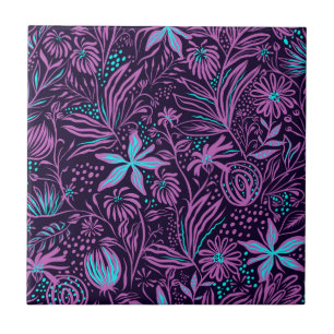 Modern Neon Purple Floral Pattern Ceramic Tile