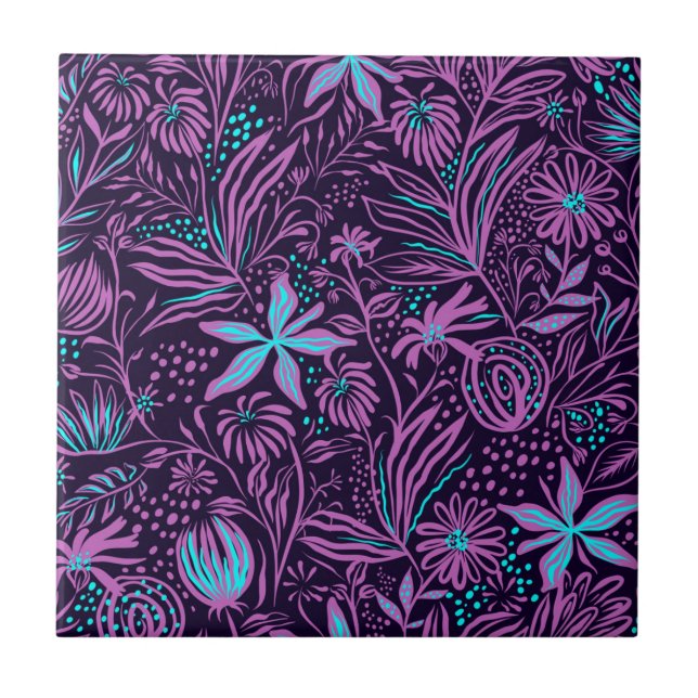 Modern Neon Purple Floral Pattern Ceramic Tile (Front)