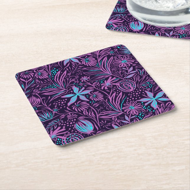 Modern Neon Purple Floral Pattern Square Paper Coaster (Angled)