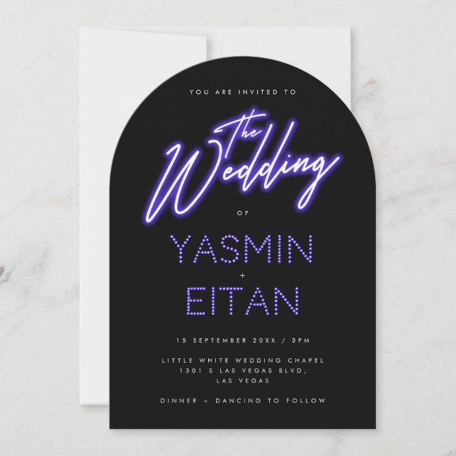 Modern Neon Purple Glow Black Arch Wedding Invitation (Front)