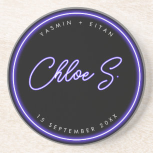 Modern Neon Purple Script Name Wedding Favor Coaster