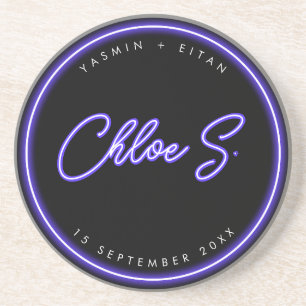 Modern Neon Purple Script Name Wedding Favor Coaster