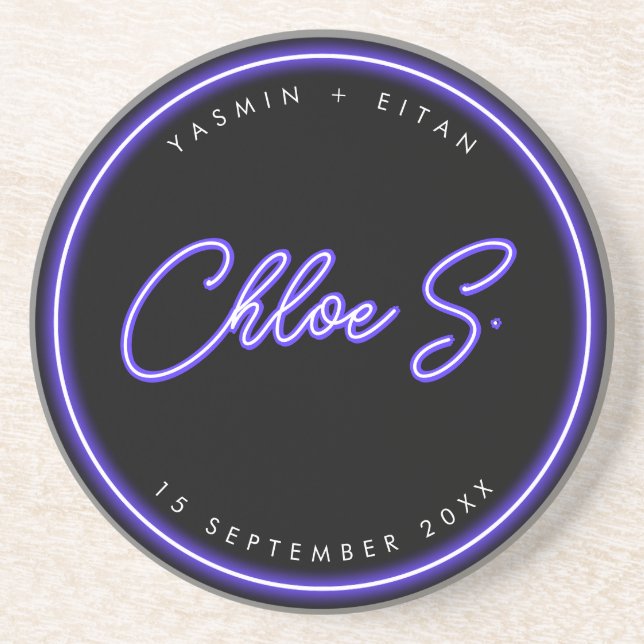 Modern Neon Purple Script Name Wedding Favor Coaster (Front)