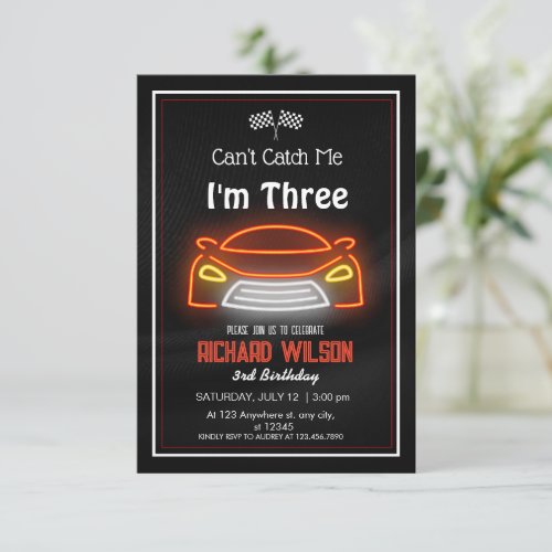 Modern Neon Race Car Cant Catch Me 3rd Birthday Invitation