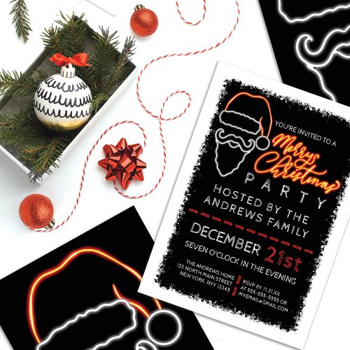Modern Neon Red Lighted Santa Christmas Party Invitation