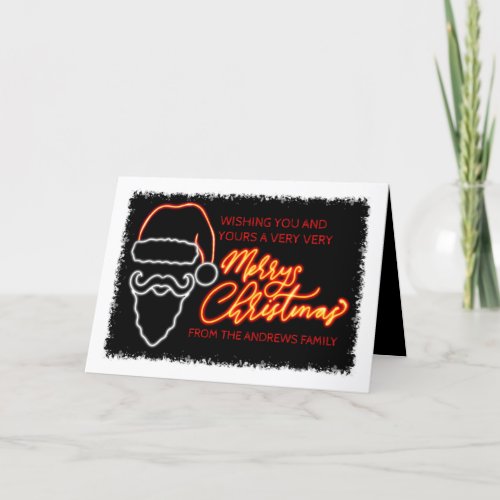 Modern Neon Red Lighted Santa Merry Christmas Holiday Card