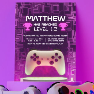 Modern Neon Video Game Controller Kids Teen Invitation