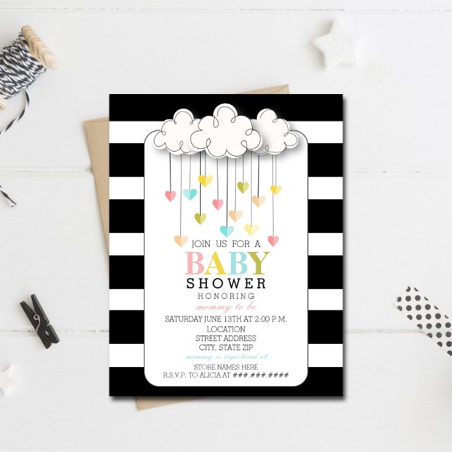 Modern Neutral Baby Shower Black + White Clouds Invitation