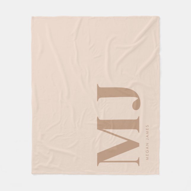 Modern Neutral Beige Custom Monogram Fleece Blanket (Front)