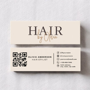 Modern Neutral Beige QR Code Hair Stylist Mini Business Card