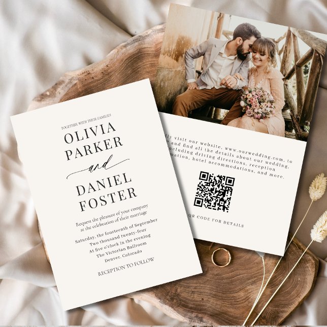 Modern Neutral Beige QR Code Photo Wedding Invitation (Creator Uploaded)