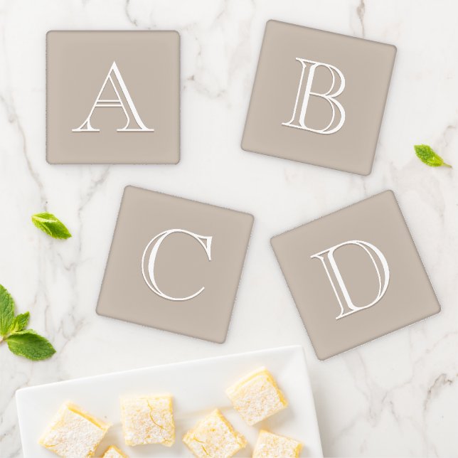 Modern Neutral Brown Beige Monogram Initial Coaster Set (In Situ)