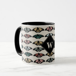 Modern Neutral Butterflies Garden Pattern Monogram Mug