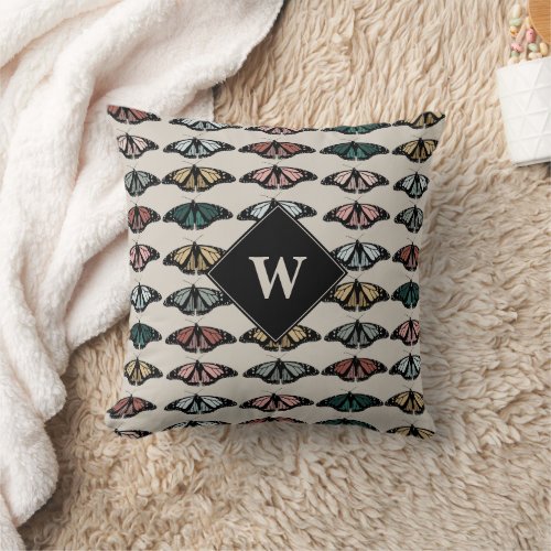 Modern Neutral Butterflies Garden Pattern Monogram Throw Pillow