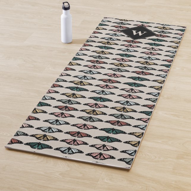Modern Neutral Butterflies Garden Pattern Monogram Yoga Mat (In Situ)