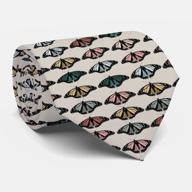 Modern Neutral Butterflies Garden Pattern Neck Tie (Rolled)