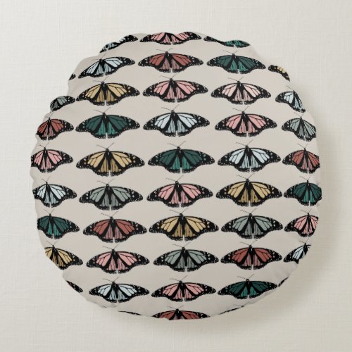 Modern Neutral Butterflies Garden Pattern Round Pillow