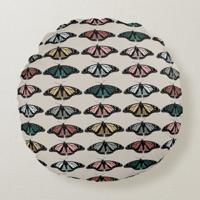 Modern Neutral Butterflies Garden Pattern Round Pillow (Front)