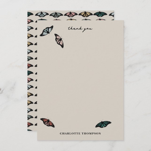 Modern Neutral Butterflies Garden Pattern Thank You Card (Front/Back)