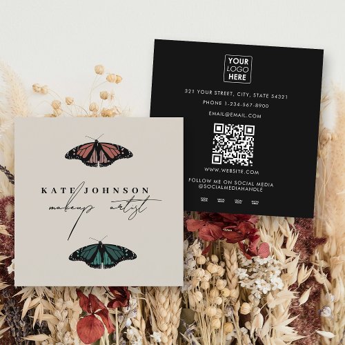 Modern Neutral Butterflies Makeup Artist Square Business Card