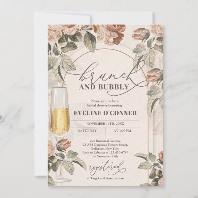 Modern neutral colors boho arch brunch and bubbly  invitation (Front)
