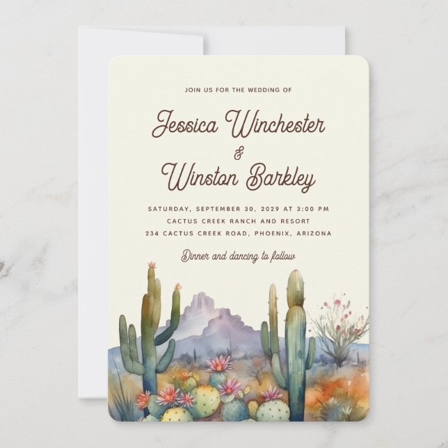 Modern Neutral  Desert Cactus Landscape Wedding  Invitation (Front)