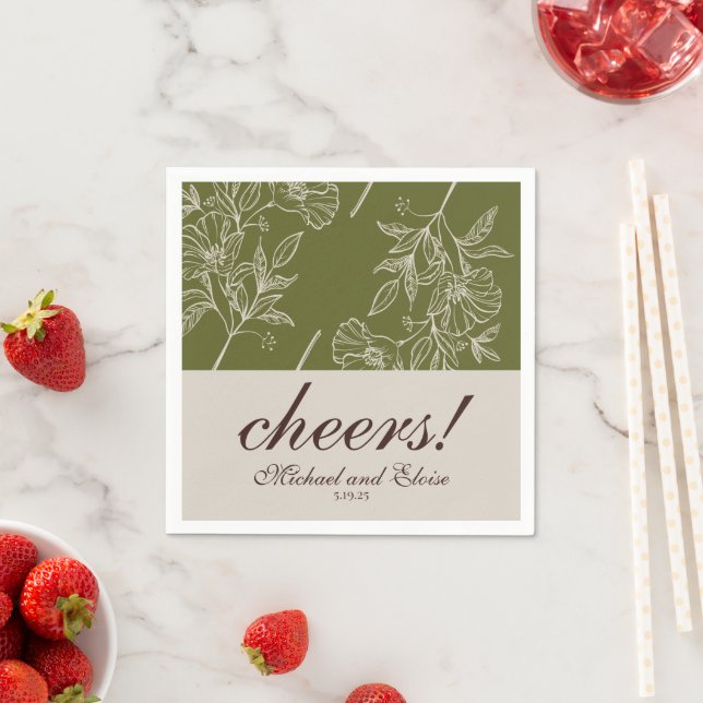 Modern Neutral Floral Cheers Personalized Wedding Napkins (Insitu)