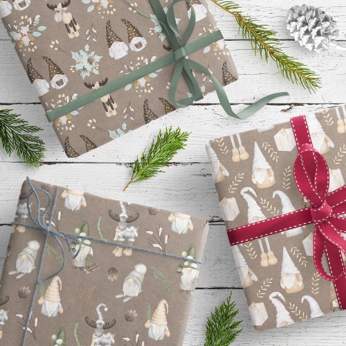 Modern Neutral Gnome Pattern Brown Kraft Wrapping Paper Sheets