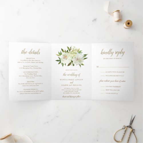 Modern Neutral Iovry White Floral Elegant Wedding Tri_Fold Invitation