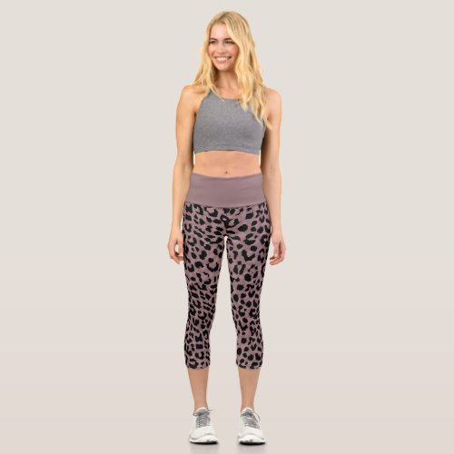 Modern Neutral Rose and Black Leopard Print Capri Leggings