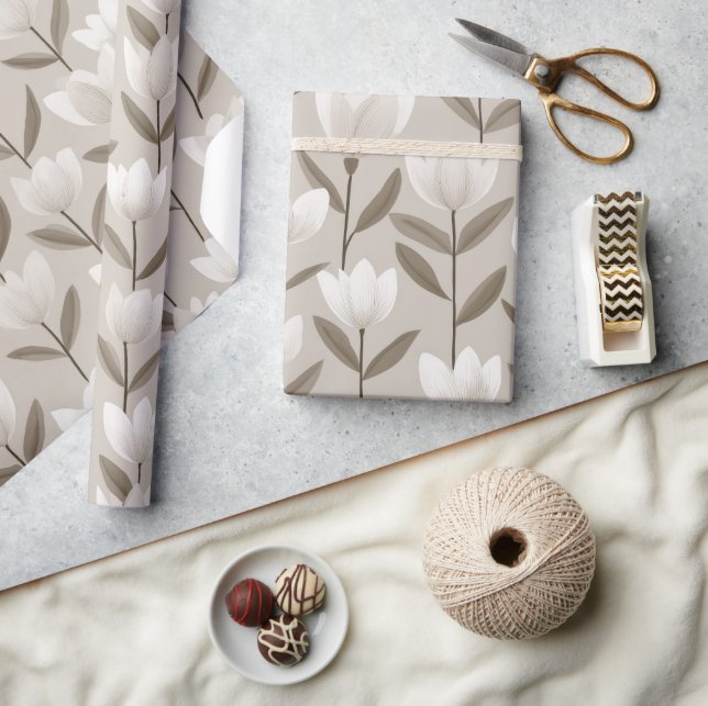 Modern Neutral Tulip Ivory Floral Pattern Wrapping Paper (Crafts)
