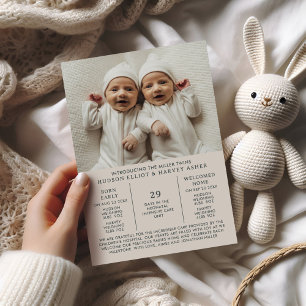 Modern Neutral Twins NICU Graduation Preemie  Announcement