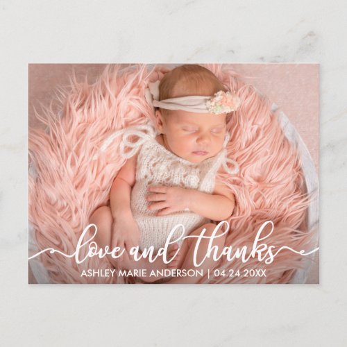 Modern New Baby Love and Thanks Photo Wht Announcement Postcard