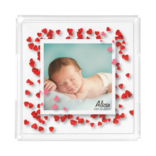 Modern New Baby One Photo Cute Hearts Confetti Acrylic Tray