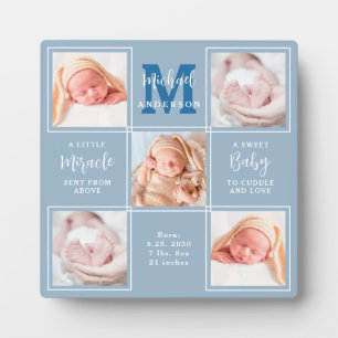 Modern New Baby Personalized 5 Photo Collage Blue Plaque