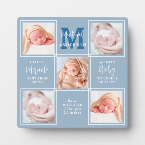 Modern New Baby Personalized 5 Photo Collage Blue Plaque