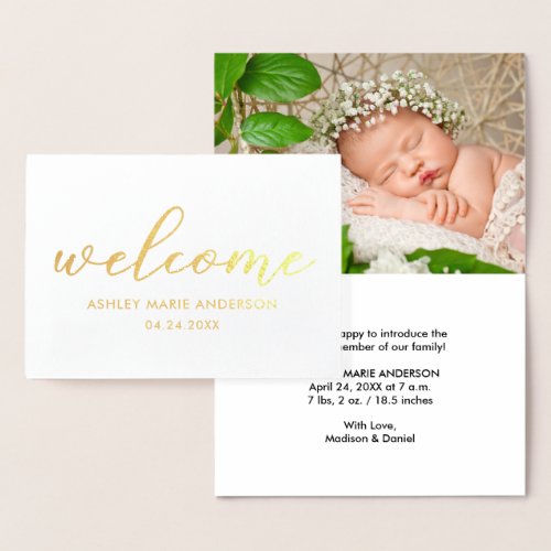 Modern New Baby Welcome Photo Gold Foil Card