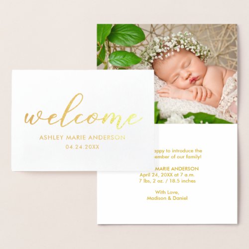 Modern New Baby Welcome Photo Gold Foil Card