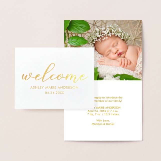 Modern New Baby Welcome Photo Gold Foil Note Card (Display)