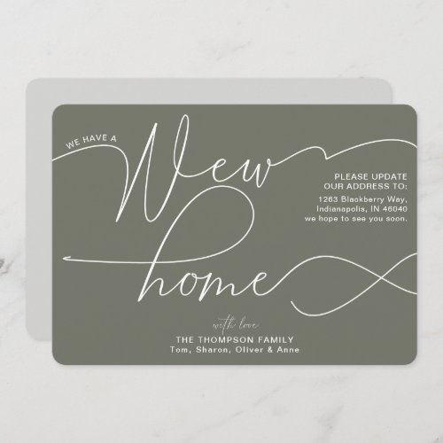 Modern New Home Calligraphy Olive Green Moving Announcement