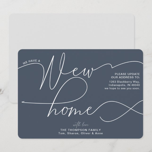Modern New Home Calligraphy Smoky Navy Moving Announcement (Front/Back)