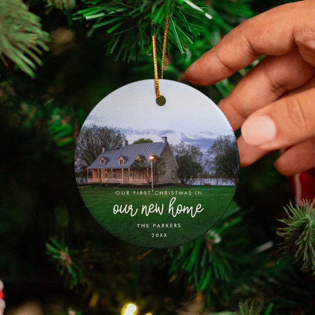Modern New home First Christmas Photo Ceramic Ornament (Creator Uploaded)