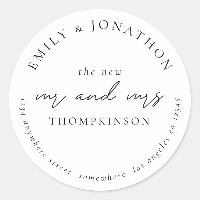 Modern New Mr Mrs Script Name Return Address Classic Round Sticker (Front)