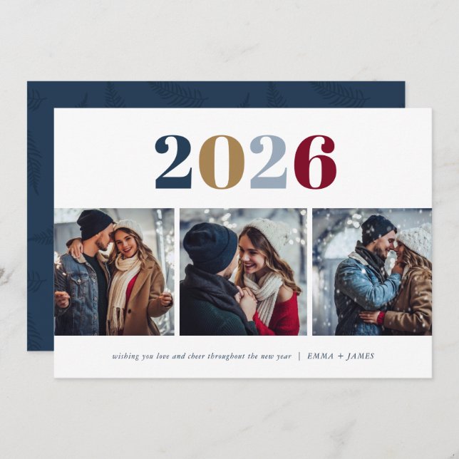 Modern New Year | 3 Photo Holiday Card (Front/Back)