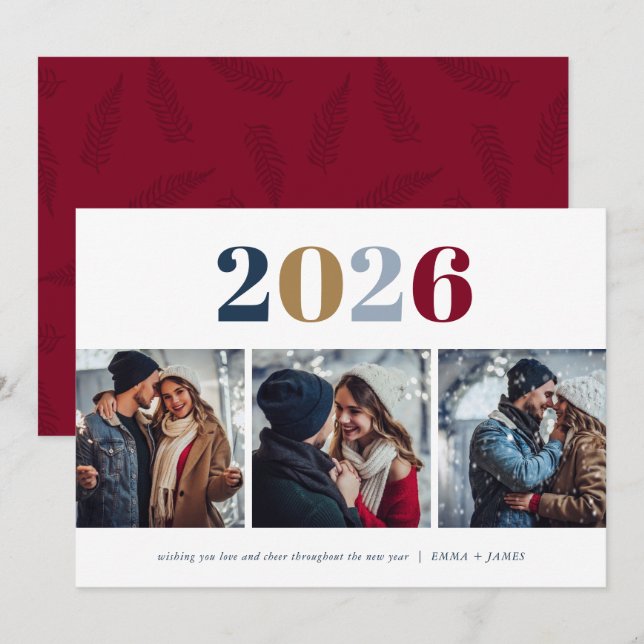 Modern New Year | 3 Photo Holiday Card (Front/Back)