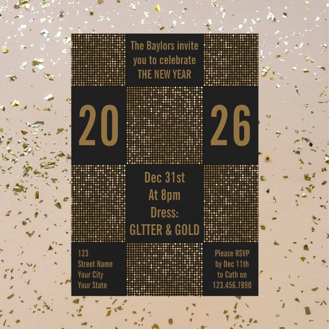 Modern New Year Black & Gold Glitter Holiday Party Invitation (Creator Uploaded)