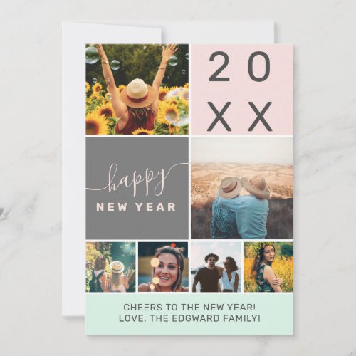 Modern New year gray pink 6 photo collage grid Holiday Card