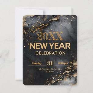 Modern New Year with Black Marble and Gold Swirls Invitation