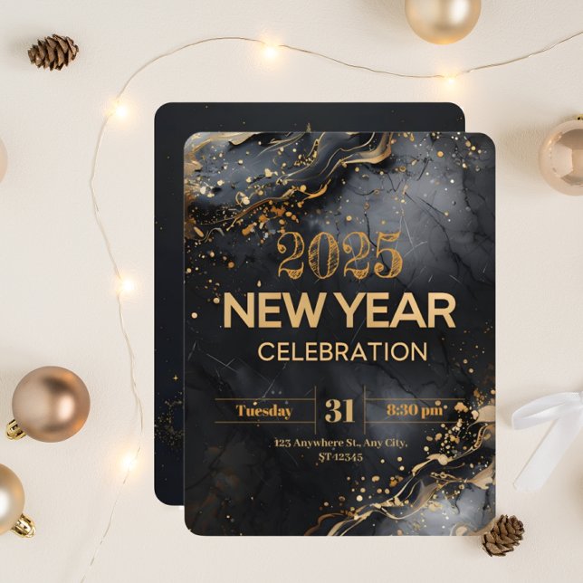 Modern New Year with Black Marble and Gold Swirls Invitation (Creator Uploaded)